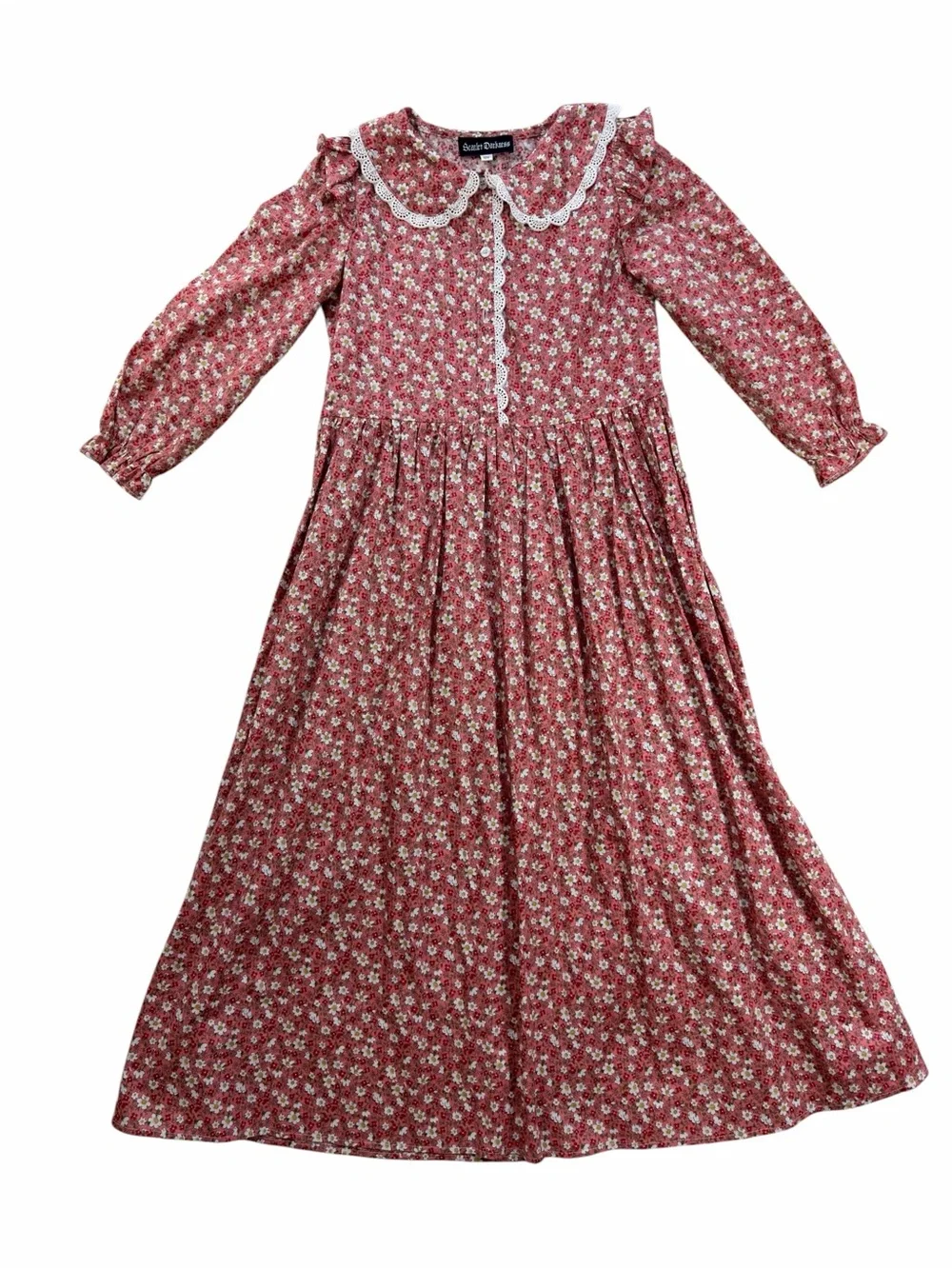 Scarlet Darkness Vintage-Style Red Floral Kids Nightgown Lace Collar Size 10Y